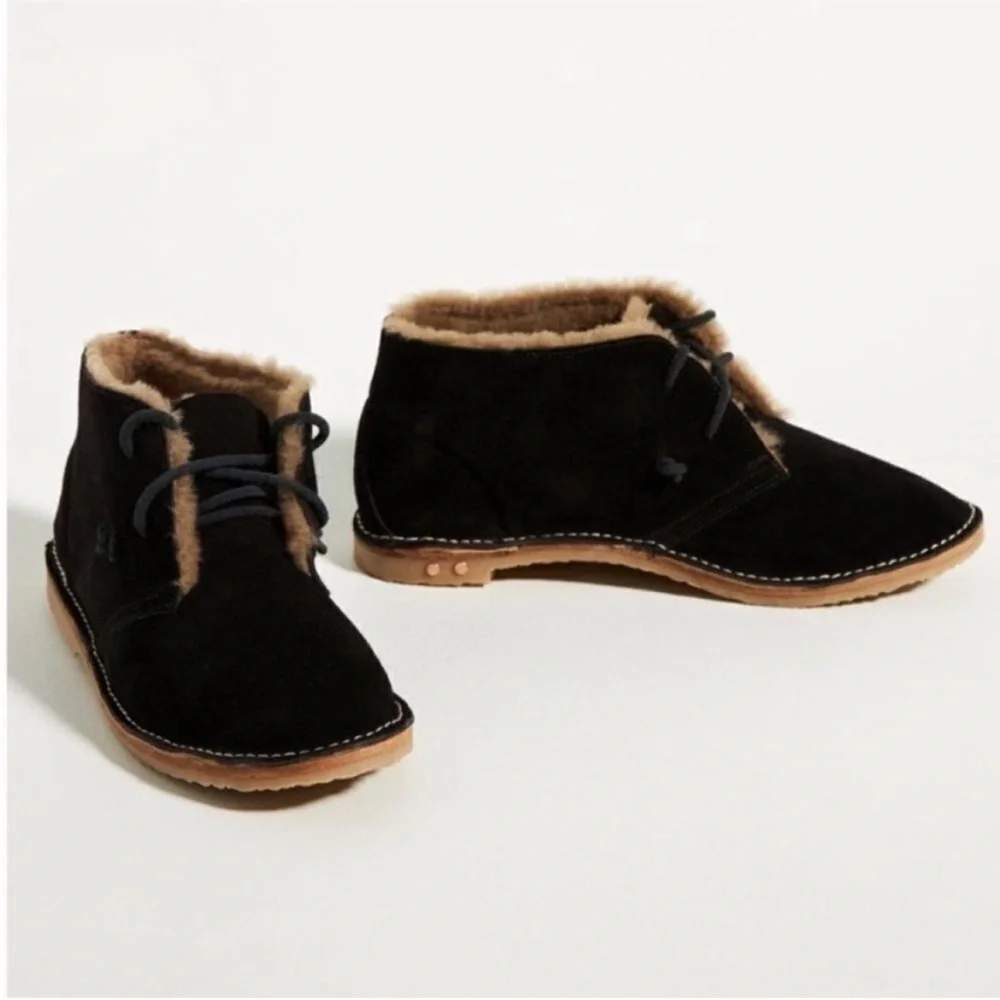 Free People BEEK Penguin Shearling-Lined Booties Ankle Boots Black Suede US 7